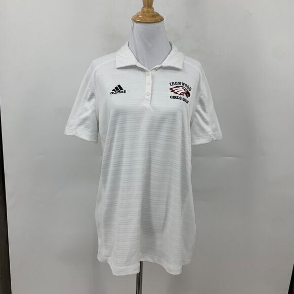 Adidas Ironwood Girls Golf AdiSelect Polo Shirt Womens L White Striped Climalite - Picture 2 of 12